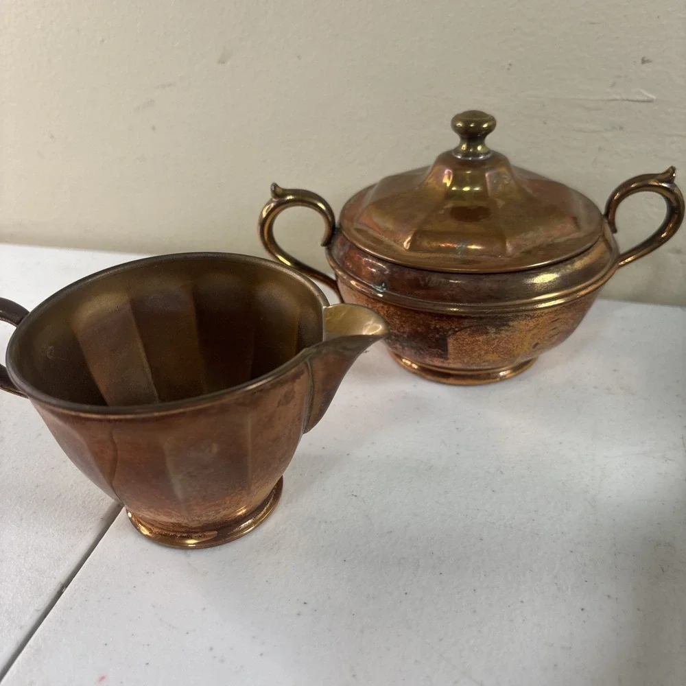 Vintage Manning Copper and Brass Creamer and Sugar Bowl Set with Patina